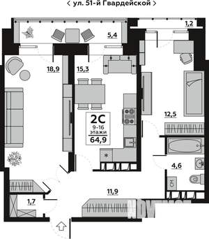2-к квартира, вторичка, 68м2, 12/16 этаж