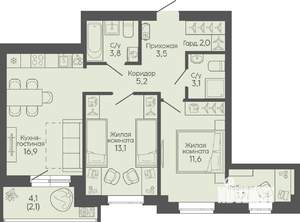 2-к квартира, вторичка, 65м2, 4/19 этаж