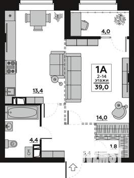 1-к квартира, вторичка, 39м2, 3/14 этаж