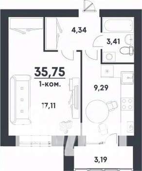 1-к квартира, строящийся дом, 36м2, 3/4 этаж