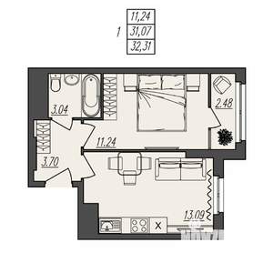 1-к квартира, вторичка, 32м2, 12/17 этаж