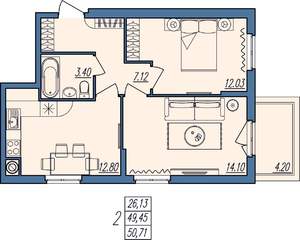 2-к квартира, вторичка, 51м2, 1/10 этаж