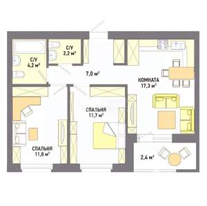 2-к квартира, вторичка, 54м2, 23/23 этаж