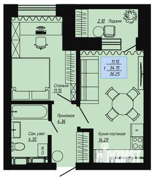 1-к квартира, строящийся дом, 36м2, 14/16 этаж