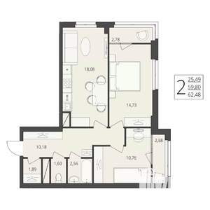 2-к квартира, вторичка, 62м2, 13/17 этаж