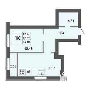 1-к квартира, строящийся дом, 42м2, 3/4 этаж