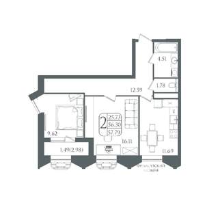 2-к квартира, вторичка, 58м2, 13/21 этаж