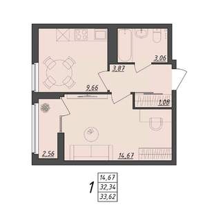 1-к квартира, вторичка, 34м2, 8/10 этаж