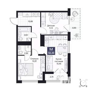 2-к квартира, вторичка, 58м2, 3/10 этаж