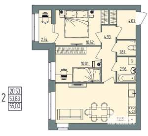 2-к квартира, вторичка, 55м2, 3/4 этаж
