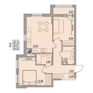 2-к квартира, вторичка, 55м2, 4/6 этаж