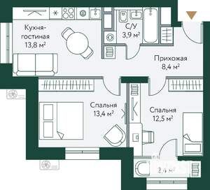 2-к квартира, строящийся дом, 54м2, 6/24 этаж