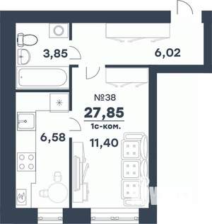 1-к квартира, строящийся дом, 28м2, 3/5 этаж