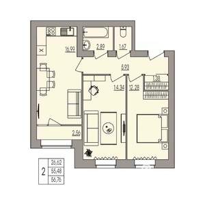 2-к квартира, вторичка, 57м2, 2/3 этаж