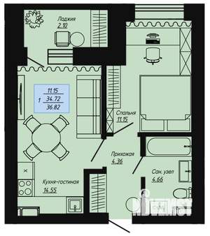 1-к квартира, вторичка, 37м2, 8/16 этаж