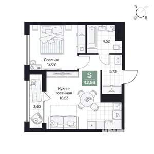 1-к квартира, вторичка, 43м2, 4/8 этаж