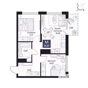 2-к квартира, вторичка, 51м2, 7/10 этаж