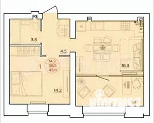 1-к квартира, вторичка, 43м2, 6/7 этаж