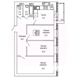 3-к квартира, вторичка, 63м2, 2/9 этаж