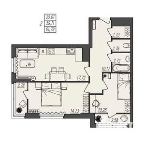 2-к квартира, вторичка, 62м2, 2/17 этаж