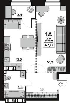 1-к квартира, вторичка, 44м2, 3/18 этаж