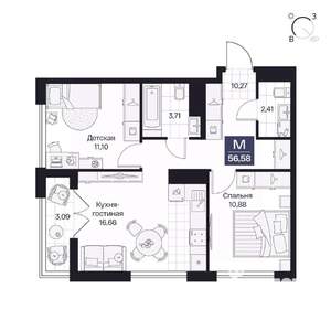 2-к квартира, вторичка, 57м2, 3/10 этаж