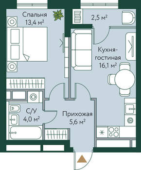 1-к квартира, вторичка, 42м2, 9/24 этаж