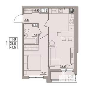 1-к квартира, вторичка, 41м2, 4/6 этаж