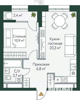 1-к квартира, вторичка, 44м2, 13/24 этаж