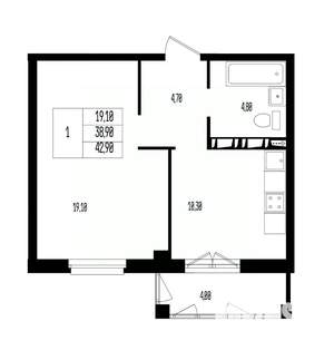 Студия квартира, вторичка, 43м2, 1/17 этаж