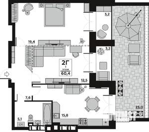 2-к квартира, вторичка, 60м2, 1/7 этаж
