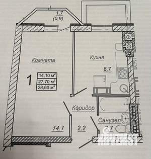 1-к квартира, вторичка, 28м2, 1/10 этаж