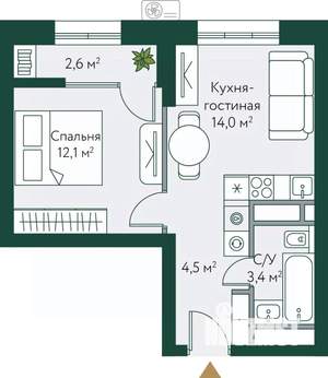 1-к квартира, строящийся дом, 37м2, 16/24 этаж