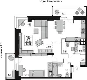 1-к квартира, вторичка, 62м2, 4/19 этаж