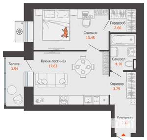 1-к квартира, вторичка, 45м2, 2/8 этаж