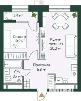 1-к квартира, вторичка, 44м2, 17/24 этаж