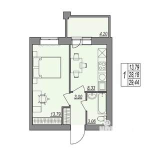 1-к квартира, строящийся дом, 29м2, 3/7 этаж