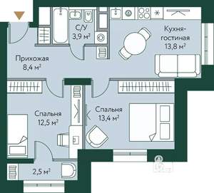 2-к квартира, строящийся дом, 55м2, 5/24 этаж
