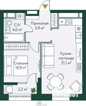 1-к квартира, строящийся дом, 44м2, 6/24 этаж