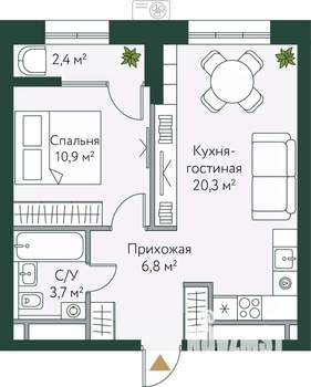 1-к квартира, вторичка, 44м2, 22/24 этаж