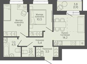 2-к квартира, вторичка, 54м2, 1/19 этаж