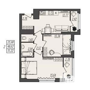2-к квартира, вторичка, 51м2, 2/17 этаж