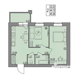 2-к квартира, строящийся дом, 45м2, 6/7 этаж