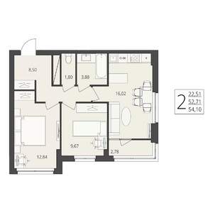 2-к квартира, вторичка, 54м2, 16/17 этаж