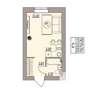 Студия квартира, вторичка, 23м2, 3/3 этаж