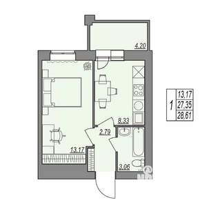 1-к квартира, строящийся дом, 29м2, 2/7 этаж