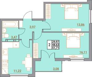2-к квартира, вторичка, 52м2, 2/5 этаж