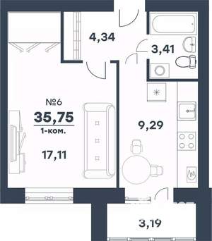 1-к квартира, строящийся дом, 36м2, 4/4 этаж