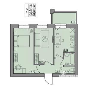 2-к квартира, строящийся дом, 42м2, 3/7 этаж