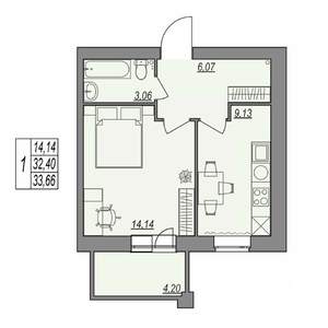 1-к квартира, строящийся дом, 34м2, 5/7 этаж
